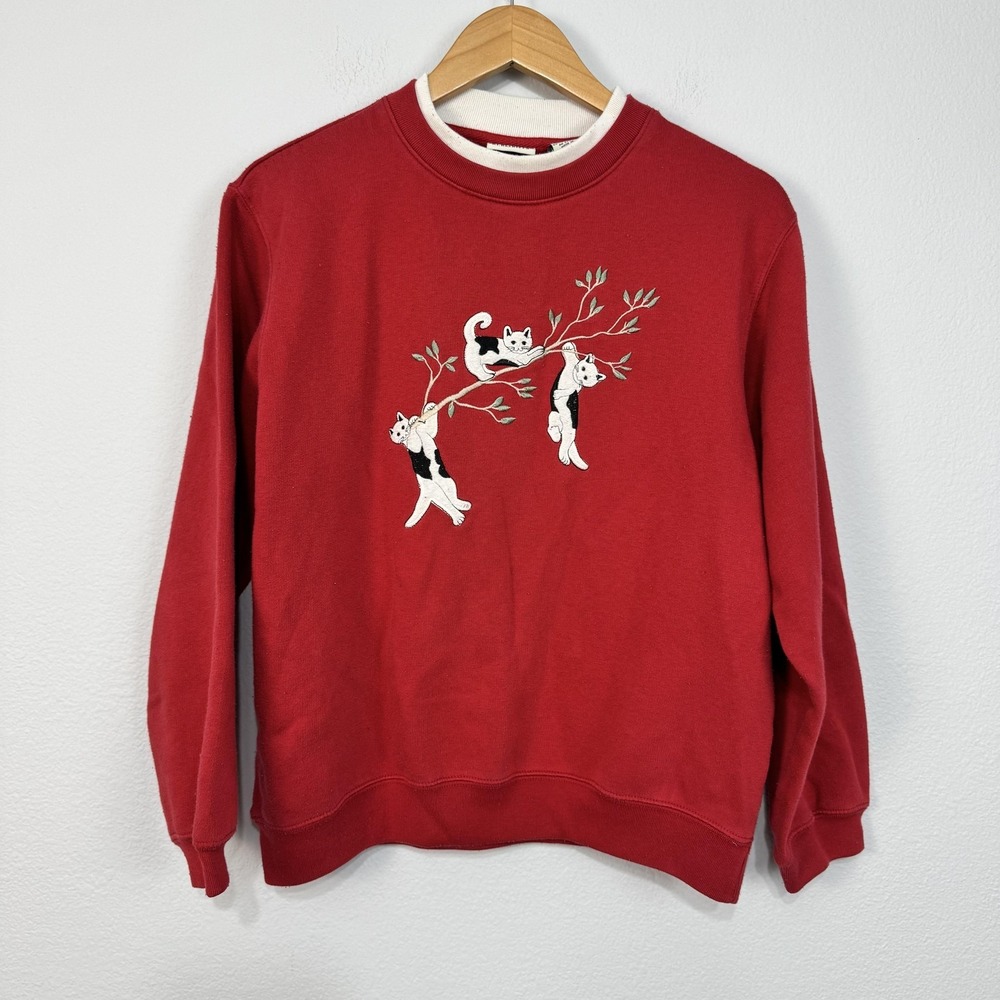 Vintage Classic Elements Sweatshirt Women's Small Red Embroidered Cat Graphic